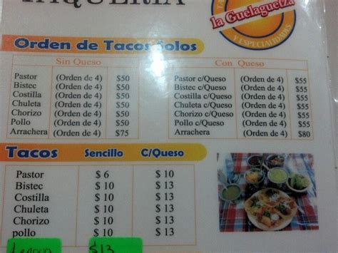 Menu at La Guelaguetza, Pachuca, Carretera Pachuca-Tulancingo