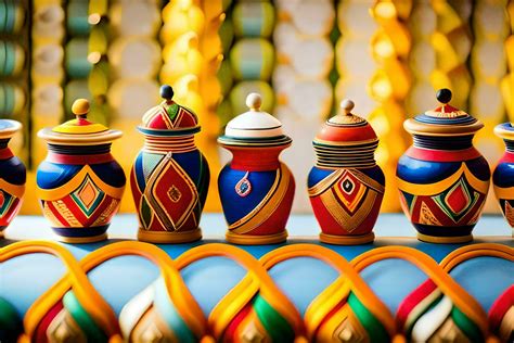colorful wooden vases on a table. AI-Generated 32607424 Stock Photo at ...