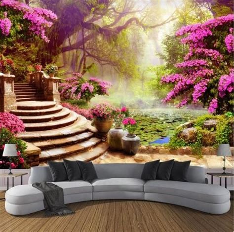 Stunning 3D garden theme wallpaper. Lovely pink flowers and forest background wall mural design ...