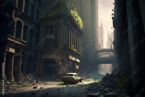 Abandoned New York city in the future. Large deserted buildings after an apocalypse. Empty roads ...