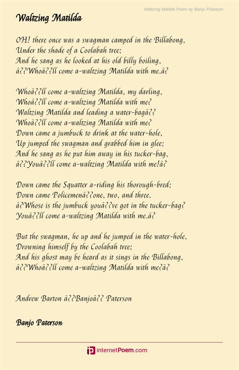 Waltzing Matilda Poem by Banjo Paterson