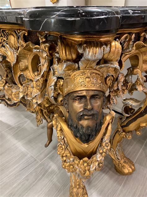 Baroque Ornate Carved Bronze Figural Console Table with Marble Top Made in Italy For Sale at ...