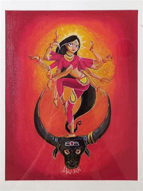 Goddess Durga Dancing on Bull | Acrylic on Canvas | Painting by Sneha Singh | Exotic India Art