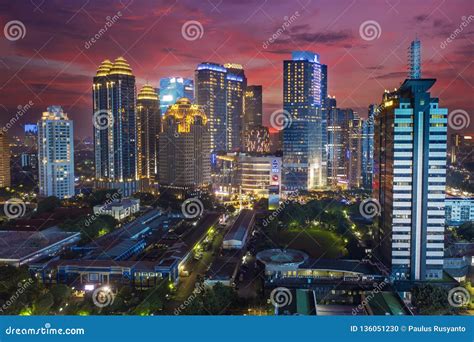 Jakarta Downtown Under Red Sky at Twilight Editorial Image - Image of finance, aerial: 136051230