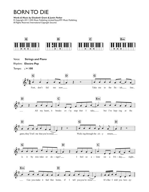 Born To Die by Lana Del Rey Sheet Music for Piano Chords/Lyrics at Sheet Music Direct