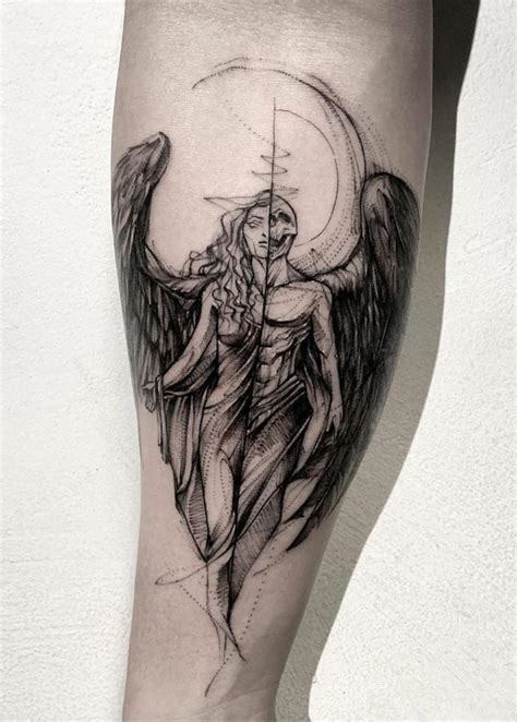 black-and-white-tattoo-of-a-woman-half-angel-half-demon-tattoo-forearm ...