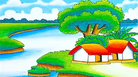 How to draw easy scenery drawing beautiful village scenery with landscape nature | House drawing