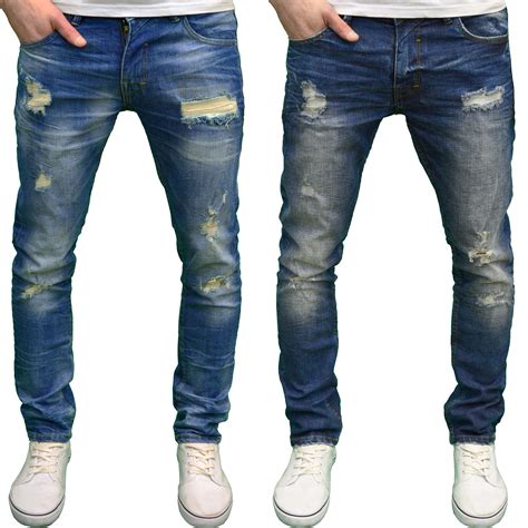 DML Jeans Men's Slim Fit Straight Leg Stretch Ripped Detail Denim Jeans ...