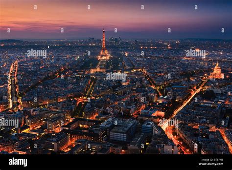 Sunset in Paris with the view from the Tour Montparnasse Tower on the ...