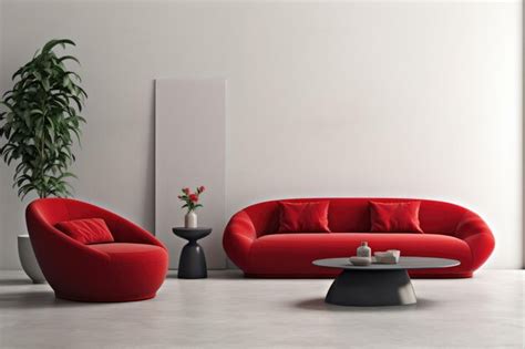 Premium AI Image | Red curved sofa and armchair near round coffee table against of white blank ...