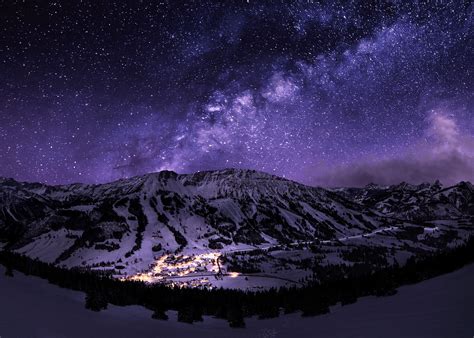 stars, Night, Landscape, Starry Night, Mountain, Snow, Long Exposure, Town, Galaxy Wallpapers HD ...