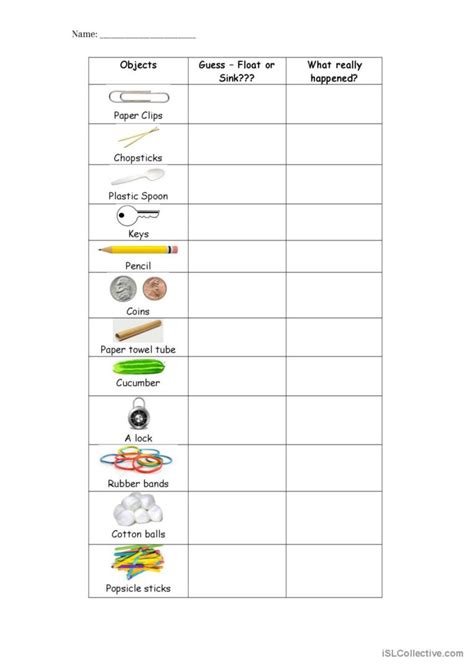 Sink or Float: English ESL worksheets pdf & doc