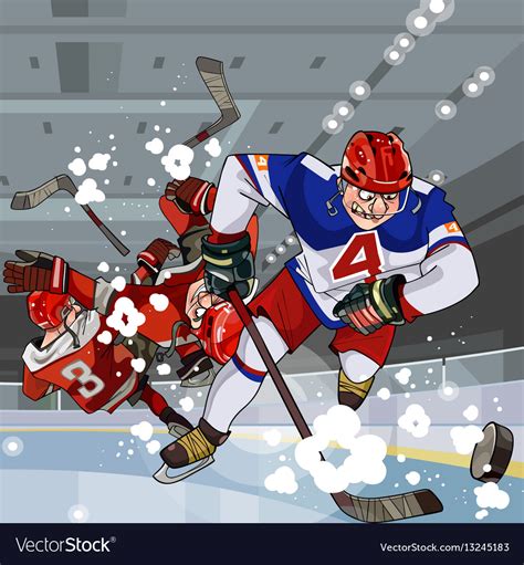 Funny cartoon hockey players play hockey Vector Image