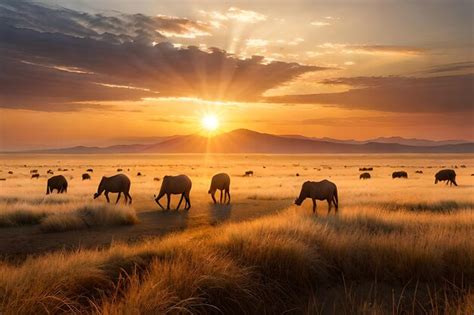 Premium AI Image | A herd of horses graze in a field at sunset.