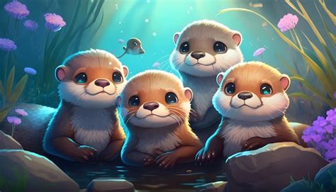 Premium Photo | A cute adorable baby otters rendered in the style of childrenfriendly cartoon ...