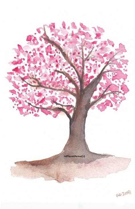 Sweet Cherry Blossom Tree Watercolor Painting by Littlecatdraw