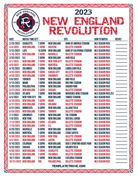 Printable2023 New England Revolution Soccer Schedule