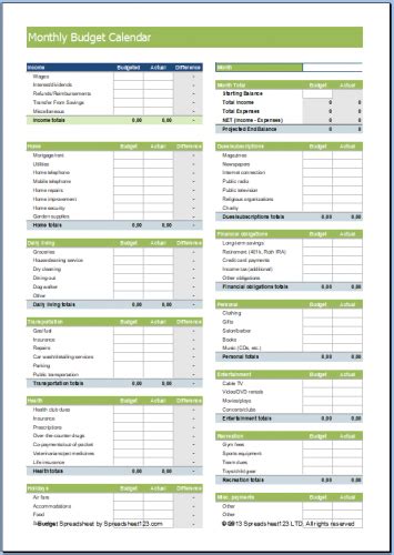 Excel budget calendar template - knowledgegaret