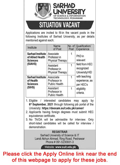 Sarhad University Peshawar Jobs August 2021 September Apply Online ...