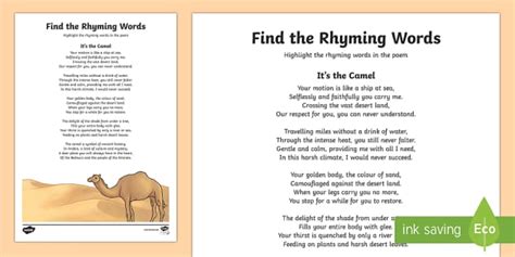 Camel Poem Find the Rhyming Words Worksheet / Activity Sheet