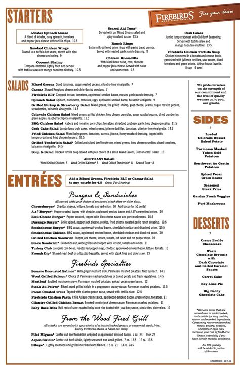 Firebird Menu With Prices