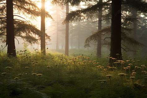 Matahari Terbit Di Dekat Hutan Pohon Pinus Dan Bunga Liar, Gyeonggi Do ...