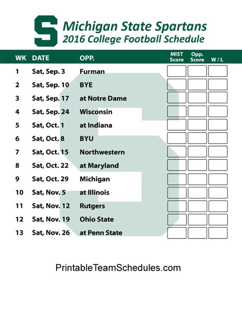 Michigan State Spartans Football Schedule 2016. Printable Schedule Here ...