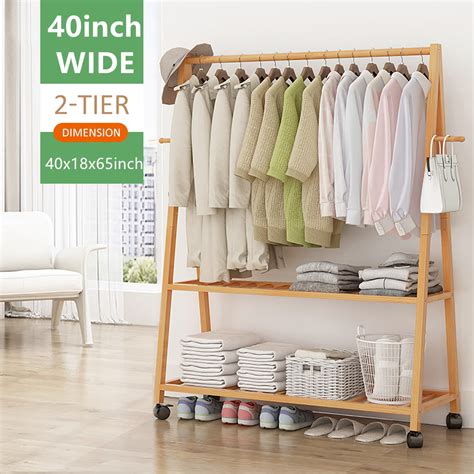 Bamboo Clothes Rack With Wheels,2Tier Heavy Duty Clothing Racks with 2 Side Hooks,Portable Extra ...