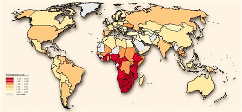 Map of world's AIDS Epidemic. % of Population with AIDS 2001.