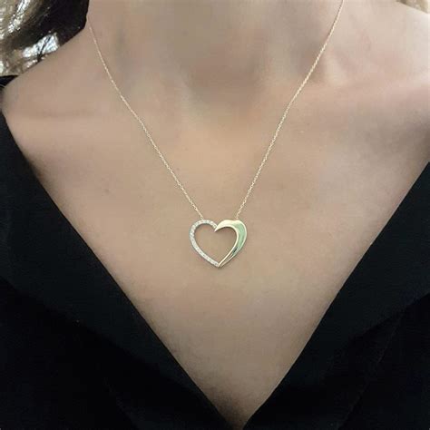 14K Real Solid Gold Open Heart Necklace Half Decorated with Cubic Zirconia Stones