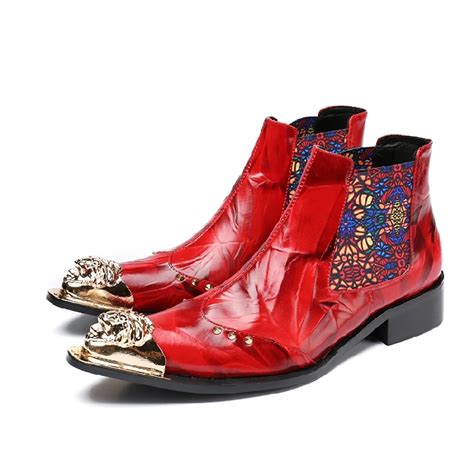 Akamatsu 2018 Italian Mens Leather Dress Shoes Spring Autumn Red Chelsea Boots Men Botines Metal ...