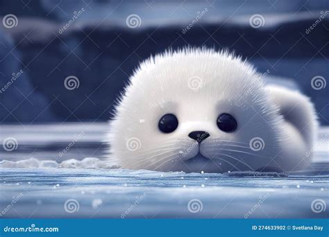 Cute White Baby Harp Seal Pup Laying on the Blue Ice by the Water ...