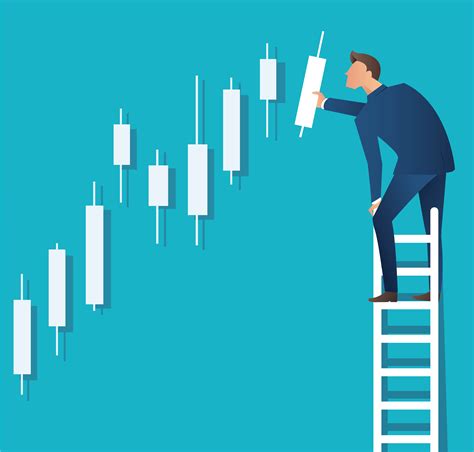 Business concept vector illustration of a man on ladder with candlestick chart background ...