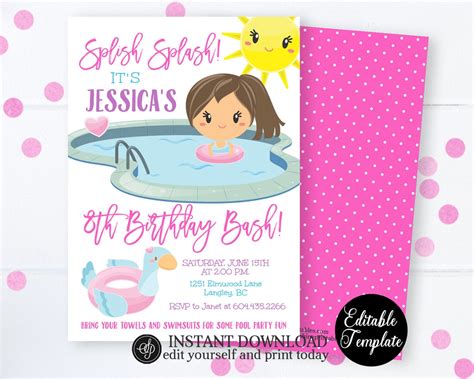 Splish Splash Birthday Bash Pool Party Invitation, Girl Swimming ...