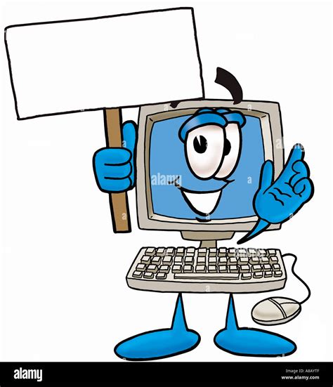 Cartoon computer brand mascot holding blank sign Stock Photo - Alamy