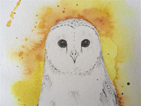 Original Artwork White Barn Owl Drawing, Watercolor Painting Background ...