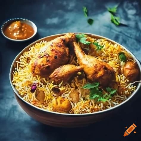 Indian chicken biryani on table with chicken lolipop top of the biryani with wide view, 4k hd ...