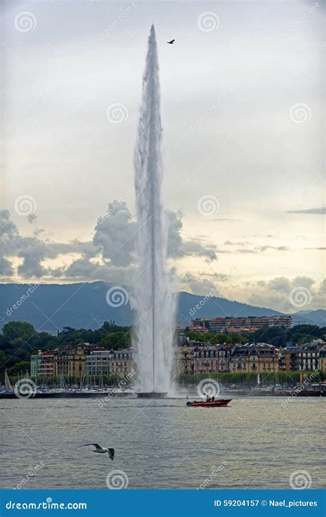 The Jet D Eau Fountain in Geneva Editorial Photography - Image of ...