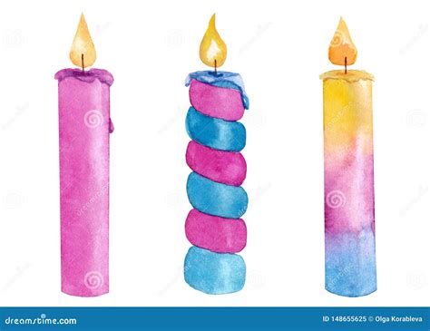 Watercolor Set with Colorful Candles with Flame Stock Illustration ...