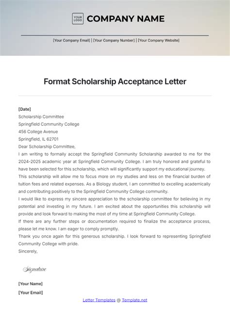 Free Format Scholarship Acceptance Letter Template - Edit Online & Download | Template.net