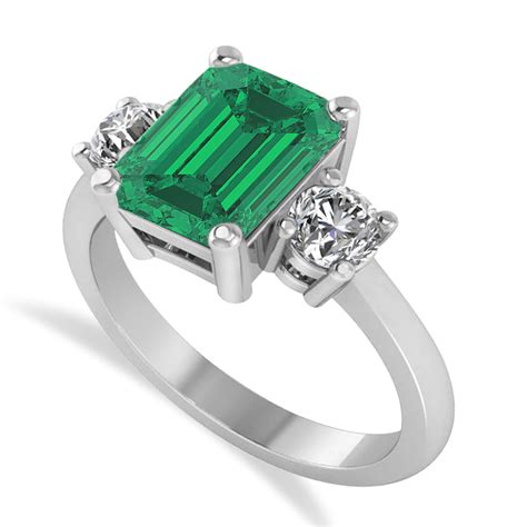 Emerald & Round 3-Stone Emerald & Diamond Engagement Ring 14k White Gold 3ct - AZ2309