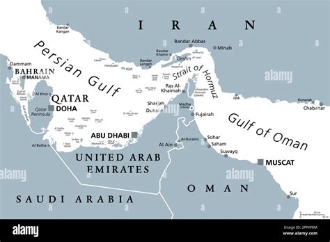 Strait of Hormuz, an important waterway, gray political map Stock ...