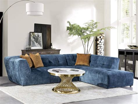 Luxury Mid-Century Tufted Low Back Right Facing Sectional Sofa L-Shape Couch, Navy blue ...