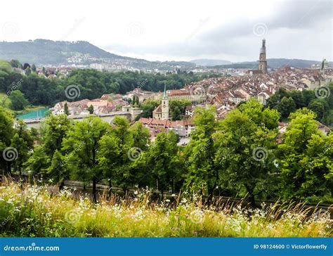 Panorama View of Berne Old Town from Mountain Top in Rose Garden ...