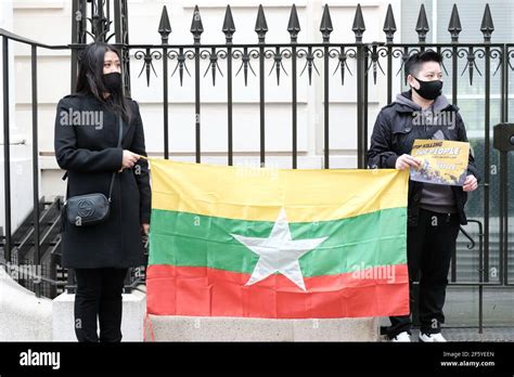 The Myanmar community protest in London outside the embassy to call for a return to democracy ...