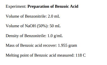 Solved Percent yield of benzoic acid (show working...include | Chegg.com