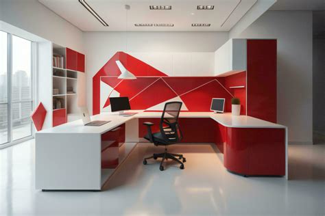 AI generated Interior of modern office with red and white walls, white computer tables and ...