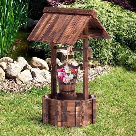 Outdoor Garden Wishing Well Planter Flower Bucket Patio Lawn Wooden Decor Rustic