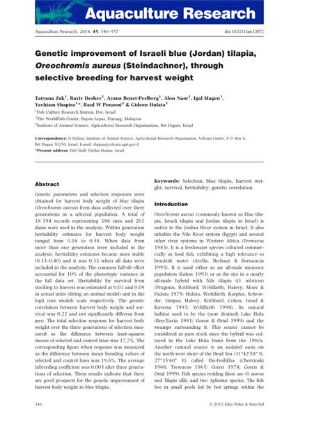 (PDF) Genetic improvement of Israeli blue (Jordan) tilapia, Oreochromis aureus (Steindachner ...