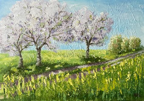 Flowering tree painting. Spring landscape wall art | Etsy